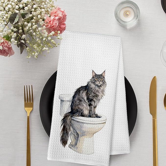 Funny Maine Coon Cat Gifts for Women Men, Maine Coon Cat Hand Towels for Bathroom Washroom Decor, Cute Cats Themed Decorative Hand Towels Set of 2, Kitty Themed Dish Tea Towel, 16x24 Inch