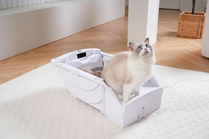 Smart Cat Litter Box Cat Litter Box Wide Opening with Hood Automatic Self-Cleaning WiFi App Control LED Display Extra Large for Cats Up to 90 lbs Cream White