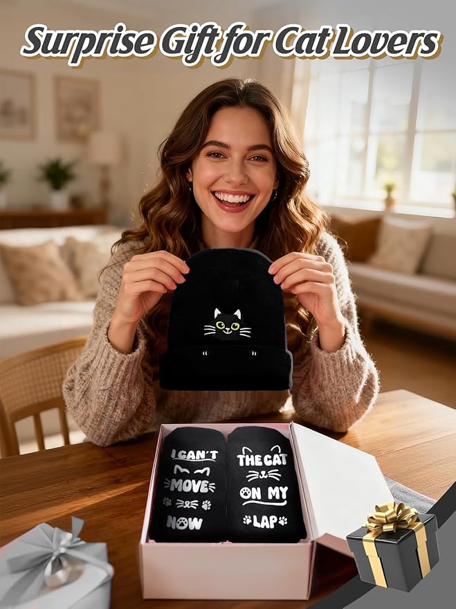 Cat Beanie and Funny Socks for Women - Cute Warm Gifts for Cat Lovers