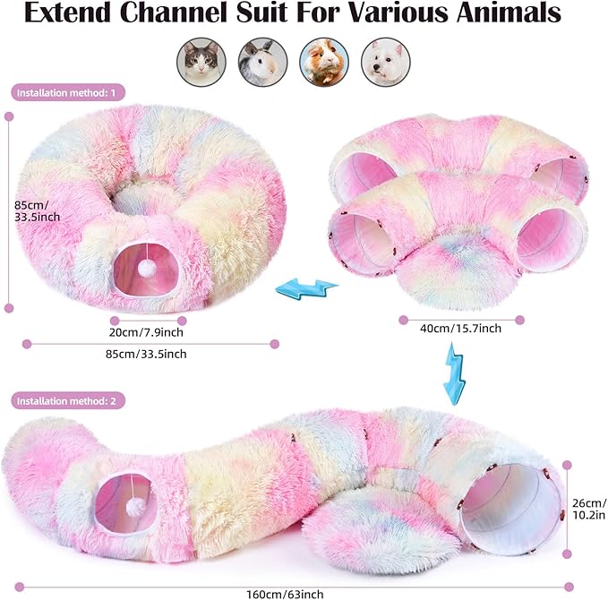 Cat Tunnel Bed with 20 Pcs Interactive Toys, 3-in-1 DIY Collapsible Plush Cat Tube with Washable Mat, Large Indoor Play Tunnel Cave for Kittens and Small Animals