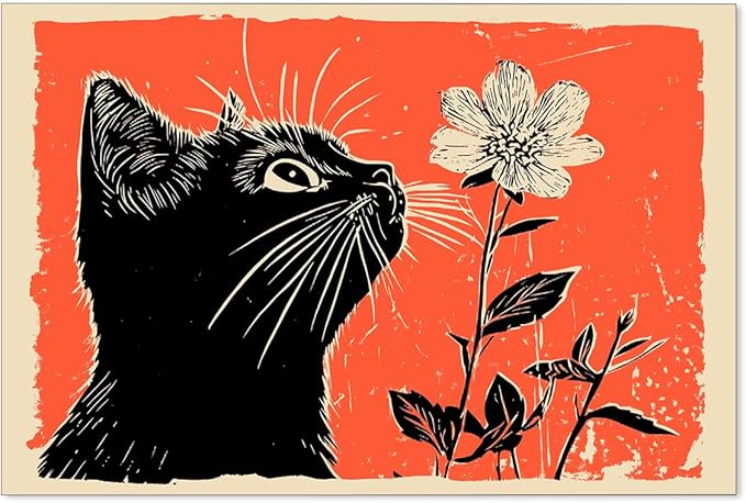 OMANI Black Cat Posters Vintage Animal Botanical Wall Art Cute Cat Sniffing Flower Canvas Painting Gift For Cat Lover Living Room Gallery Wall Decor 16x24 inch Unframed