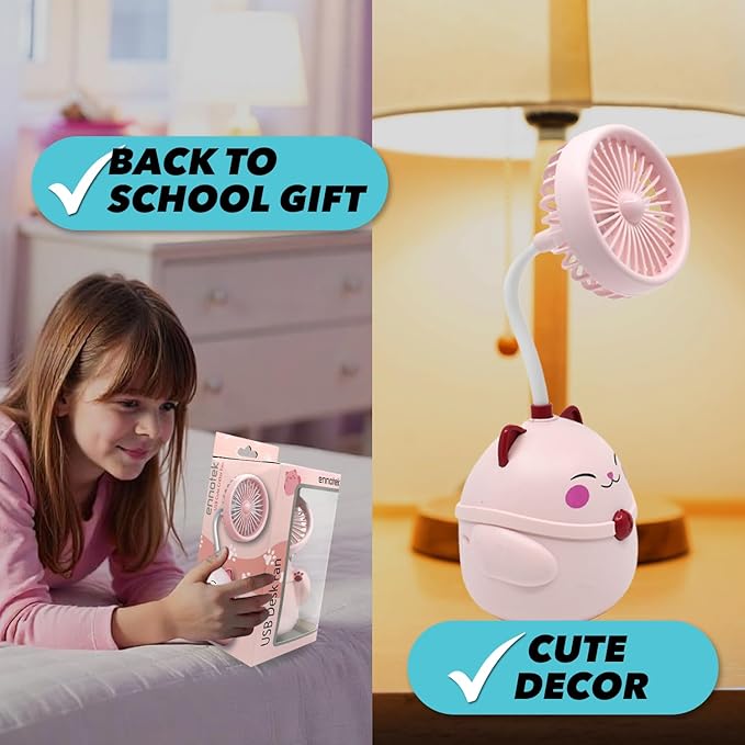 Cute Pink Cat Desk Fan with Pen Holder — Cat Fan for Women, Animal Fan, Funny Office Accessories, Cat Lover Gift, Small USB Fan, Aesthetic Decor