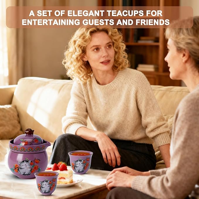 Mini Tea Cups,Cute Lucky Cat Cups,Small Tea Mugs,Porcelain Gongfu Tea set with 3 in 1,Tea Sets for Adults,Ceramic Tea Infuser Cup for Loose Leaf for Women/Tea Lovers/Birthday/Mother's Day (Purple)