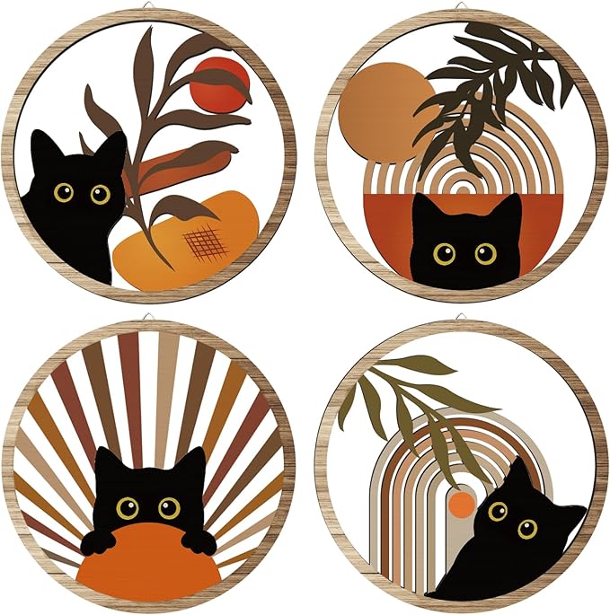 Boho Black Cat Wall Art Black Cat Room Decor Aesthetic, 4-Piece Farmhouse Geometric Wooden Cat Wall Decor Mid-Century Bohemian Moon Sun Design for Nursery, Bedroom Perfect Cat Lover Gifts