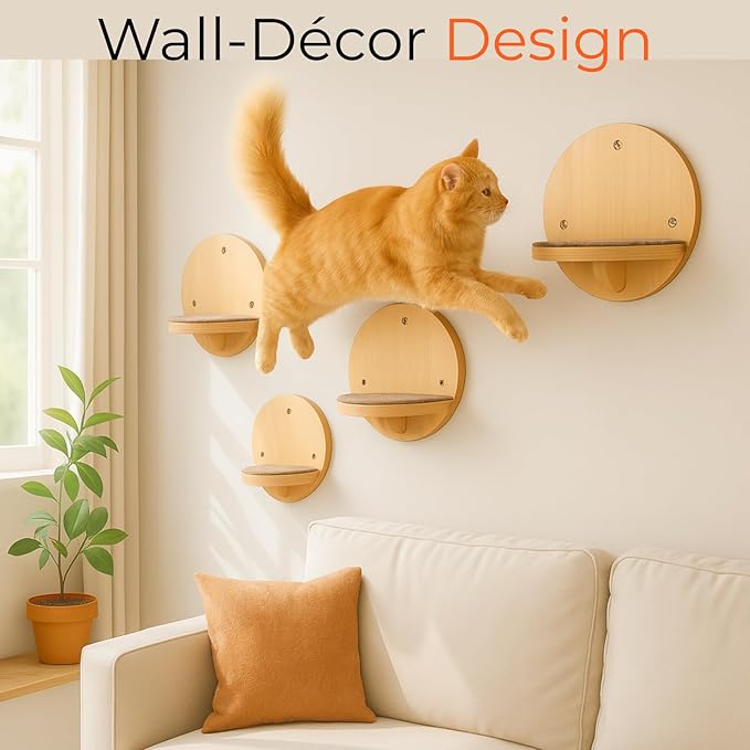 Cat Wall Shelves - Set of 4 Round Floating Wall Steps Scratch Pads, up to 20Lbs. Saving-Space Decorative Wall-Mounted Cat Furniture for Climbing, Playing & Resting - Solid Natural Wood by INSTINTO