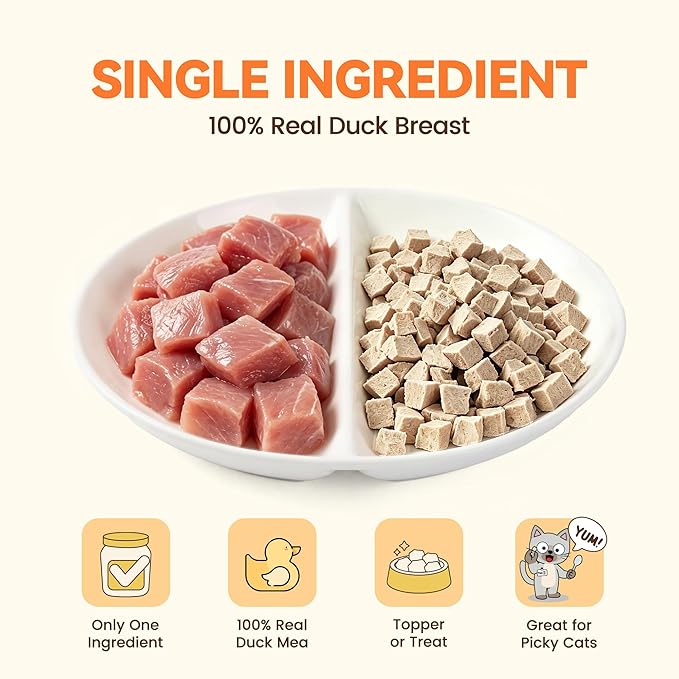 Freeze Dried Cat Treats, Single Ingredient Duck Bites Snacks for Cats & Dogs, Grain-Free High Protein Healthy Training Treats & Food Topper for Cats & Dogs, 4 oz