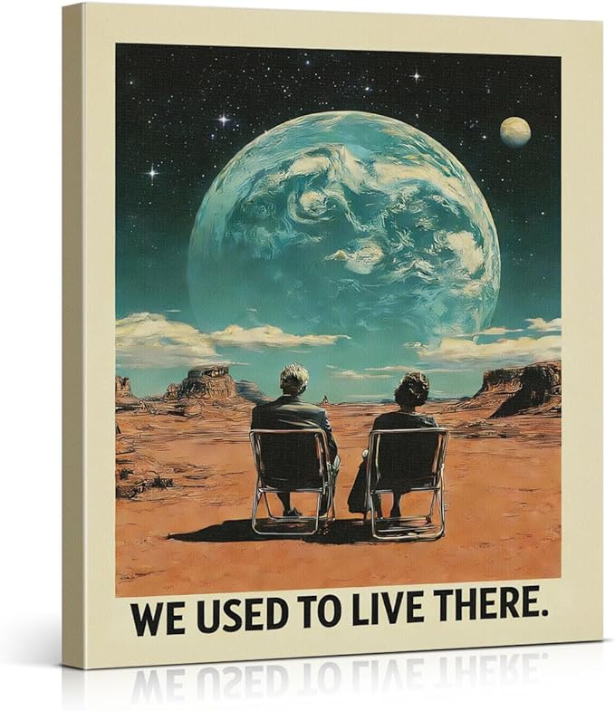 Retro Surreal Earth Canvas Wall Art Funny We Used to Live There Print Painting 70s Wall Decor for Home Living Room Bedroom 8x10 Inches Framed