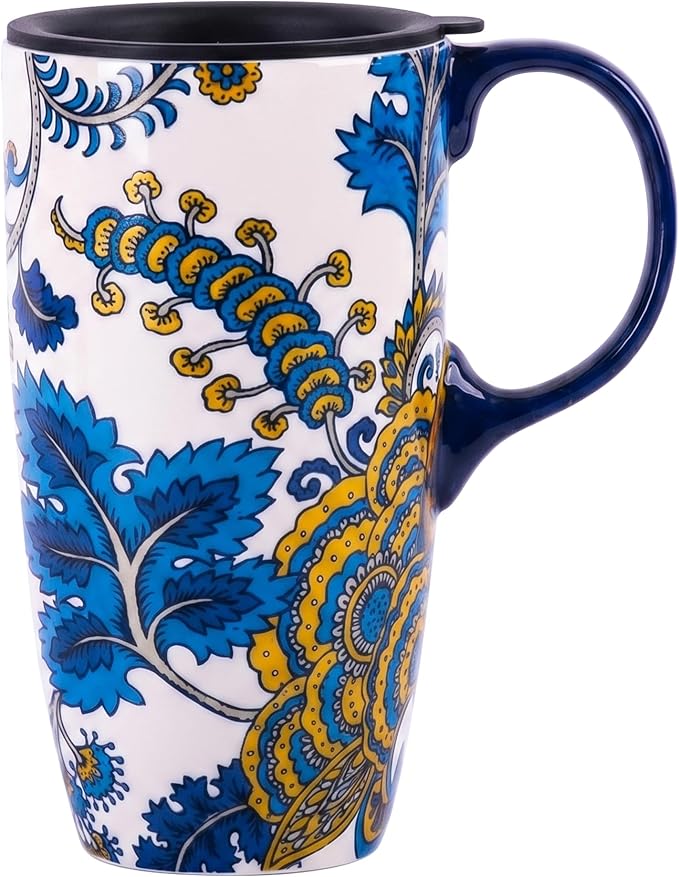 Topadorn Ceramic Mug with Lid and Handle,17oz. Tall Coffee Cup for Home,Party and Birthday,Blue Flower