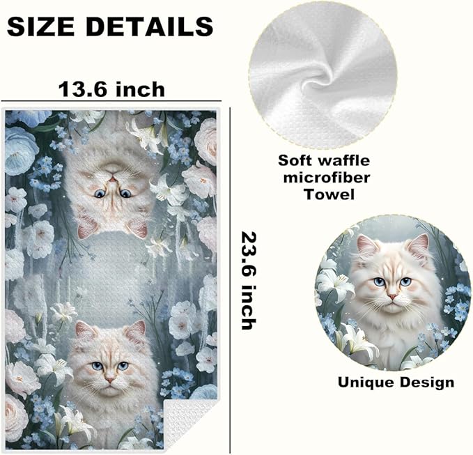 Cute White Cat Kitchen Towels, Aesthetic Flower Decorative Absorbent Microfiber Dish Cloth Tea Towel, Waffle Soft Hand Towels for Farmhouse Home Bathroom Kitchen Decor, Cat Lover Gifts