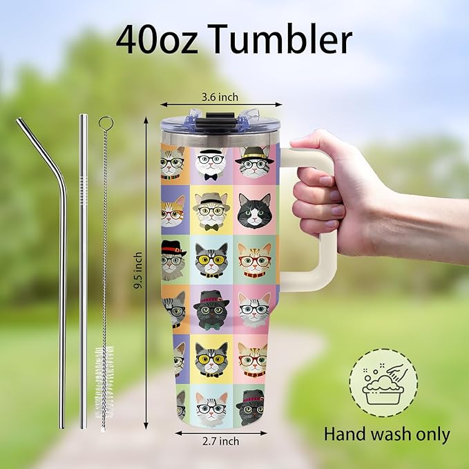 Cat Lover Gifts - Funny Cat Tumbler 40oz with Handle and Straws, Leak-proof, Stainless Steel Insulated Travel Coffee Mugs for Cats Themed Cups, Animal Cats Lovers Pet Mom Birthday Gifts