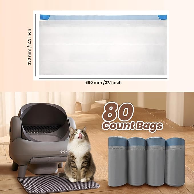 80 Count Cat Litter Box Liner Bags for Open-Top Autoscooper 11 Pet Automatic Self Cleaning Cat Litter Box, Waste Bags, 27" x 13"Heavy Duty Replacement Trash Bags with Drawstring (Grey)