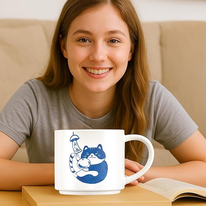 Cute Coffee Mugs Hand Painted, Food Safety, Japanse White Cat Mug 16oz large, Dishwasher & Microwave Safe Daily Office and Home