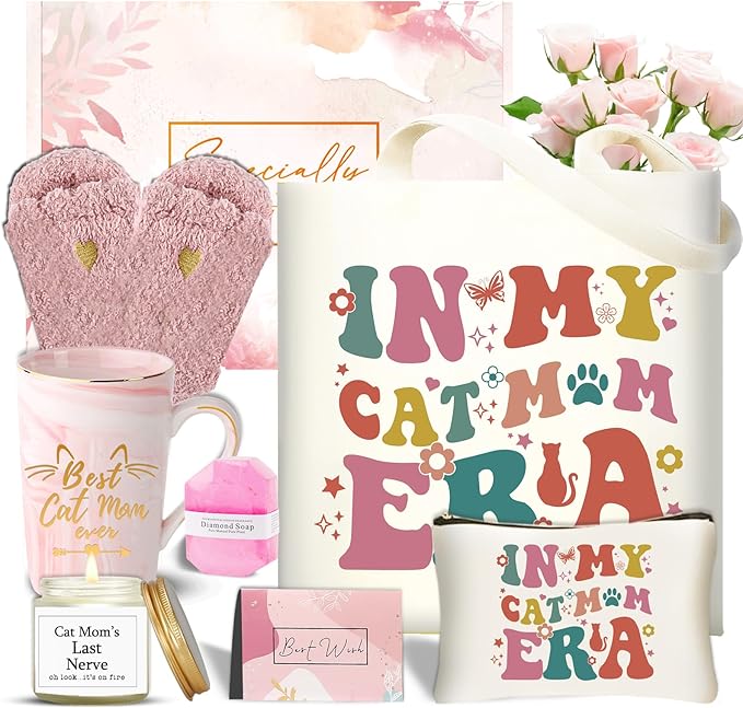 DHQH Cat Lover Gifts for Women, Cat Mom Themed Gift Box for Christmas, Birthday Gifts Set with Candle box Coffee Mug Canvas Tote Bag