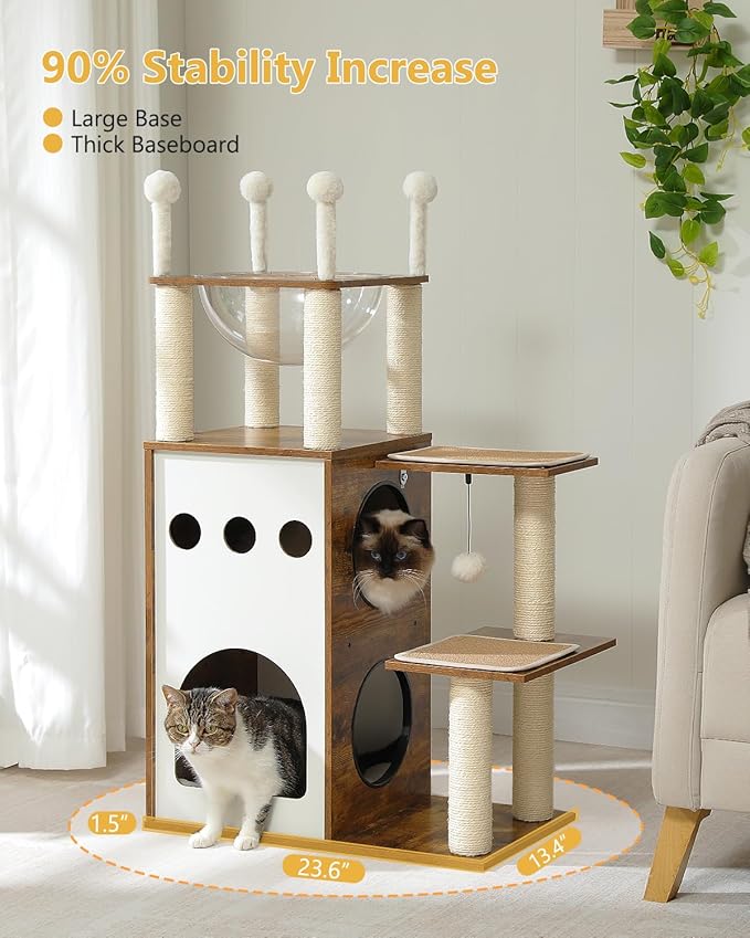 MUTTROS 42.5" Modern Wooden Cat Tree with 2-Story Condo, Scratching Posts, Capsule Nest & Dangling Balls - Sky City Design Indoor Furniture for Cats, Rustic Brown