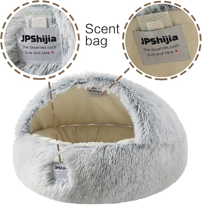 Hooded Dog Bed, Cat Cave Bed with Removable Hood, 2-in-1 Convertible Donut Cat Bed, All Season Fluffy Pet Bed for Cats Small Dogs (Cave Nest - Grey, Large Size 23.6 in)