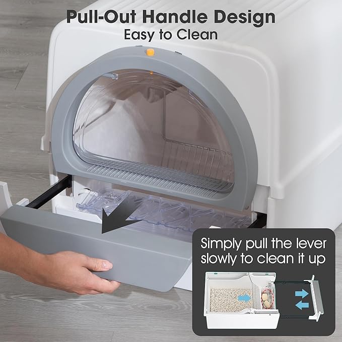 Self Cleaning Cat Litter Box Odor Control, Pull and Scoop Litter Box with Enclosed Lid, Covered Non-Electric Semi-Automatic Self Cleaning Litter Boxes for Large Cats, White& Gray