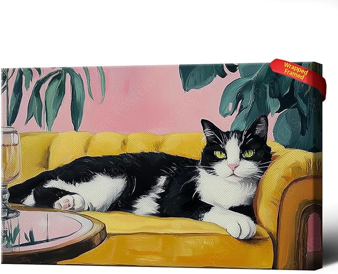 Cute Tuxedo Cat Wrapped Framed Poster Pet Art Funny Cat Lover Gift Wall Art Room Decor Aesthetics Ready To Hang 12X18 inch