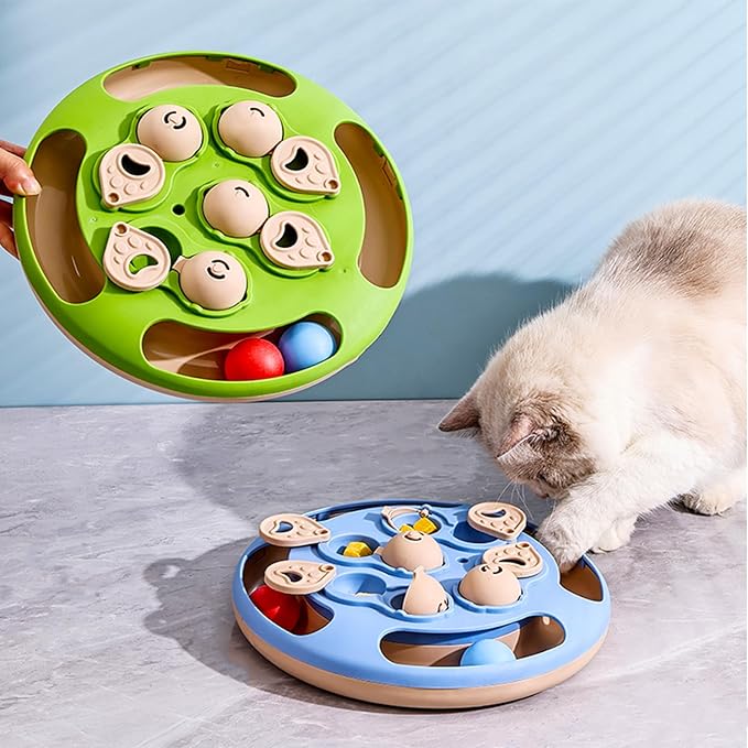 Cat Puzzle Toys Games Level 3 in 1 with Track Balls, Interactive Mentally Stimulating cat toys for IQ Training,Feather Teaser & Treat Feeder, Enrichment for Indoor Cats, Kitty Gift (Blue)