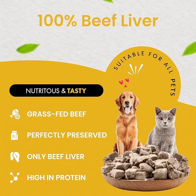 Freeze Dried Beef Liver Dog Treats | Healthy Kitten Treats, Single Ingredient, Raw | High Protein Cat & Dog Food Toppers, Grain-Free | Inspected & Tested in USA | 2.1 oz