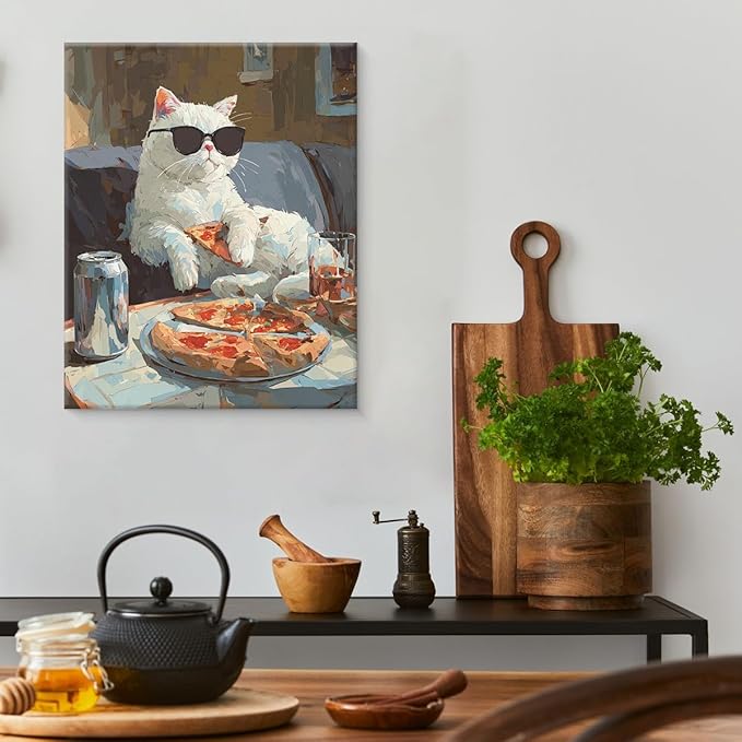 Vintage Cool Cat Wall Art Decor Couch Potato Pet Print Picture Cat Lover Gifts Wall Decor for Home Living Room 8x10 Inch Canvas Framed