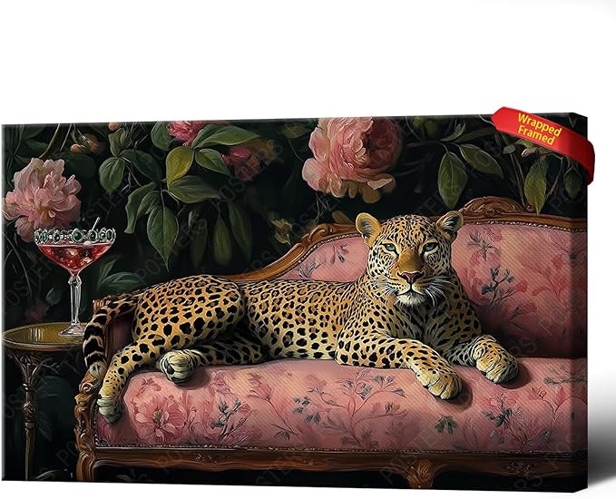Leopard With Martini Wrapped Framed Print Poster Whimsical Animal Art Bar Cart Decor Wall Art Room Decor Aesthetics Ready To Hang 12X18 inch