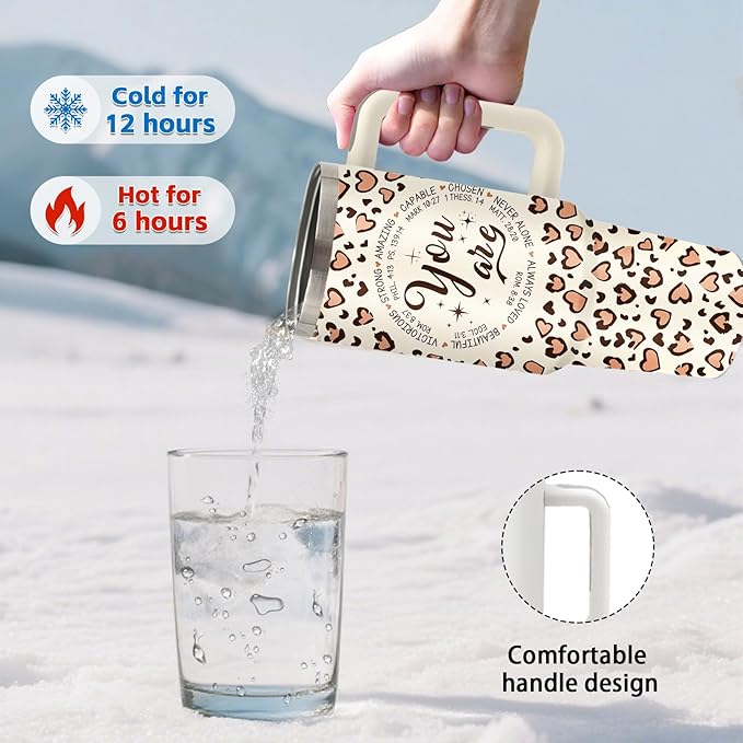 Christian Gifts for Women 40oz Leopard Print Christian You Are Tumbler with Handle and Straw, Leak-proof, Stainless Steel Insulated Travel Mug, Inspiring Religion Birthday Christmas Biblical Gifts Cup