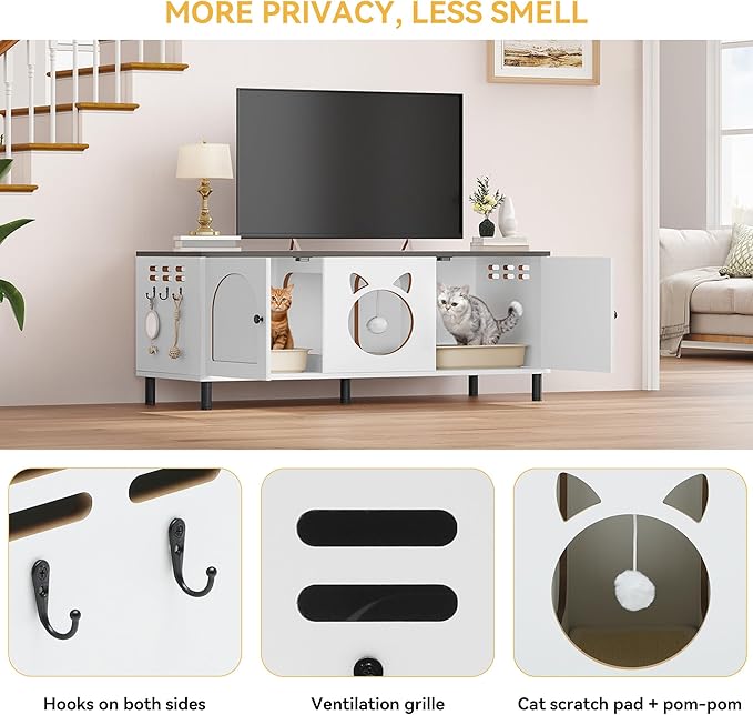 YITAHOME Cat Litter Box Enclosure, 47.2in Litter Box Furniture Hidden, Wooden Washroom Furniture, Hidden Litter Boxes Cover, Cat House Fit Most of Litter Cabinet, End Table, Nightstand, White+Black