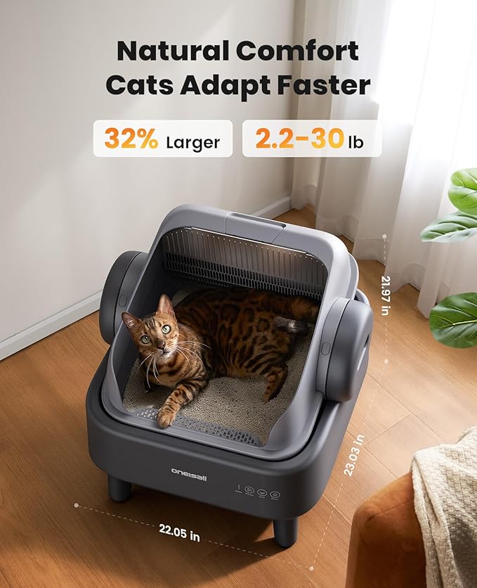 oneisall Self Cleaning Litter Box: Ease S1 Open-Top Cat Litter Box Rinsable Easy Clean, with Safety Protection & 11L Large Waste Bin & 40pcs Waste Bags, Automatic Cat Litter Box for Multiple Cats