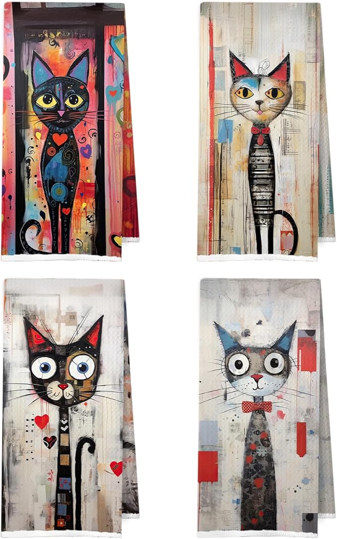 Abstract Cat Kitchen Towels Set - Funny Cat Gitfs Waffle Decorative Dish Towels, Funny Abstract Kitten Hand Towel, Tea Towel, 16x24 Inch