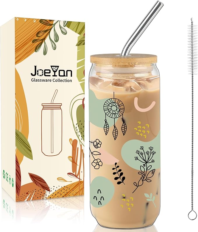 Joeyan Glass Cup with Lid and Straw, 20oz Iced Coffee Cup, Boho Dreamcatcher Floral Pattern Tumbler, Aesthetic Drinking Glasses for Smoothie Boba Tea, Bohemian Mothers Day Gift for Women Mom Friend