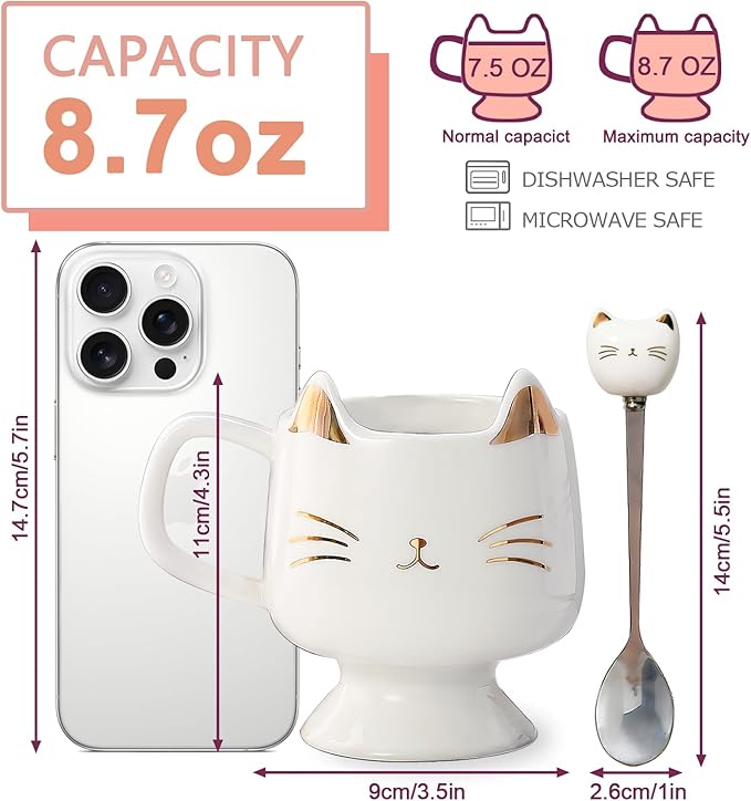 Christmas Mugs High-Footed Ceramic Cat Mug – 13.5oz Unique Coffee Cup with kitty Expression Design, Fun Gift for Women, Girls, Kids, Cat Lovers (white)