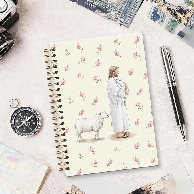 Bible Journal Spiral Notebook, Jesus and Lamb Bible Study Supplies, Christian Gifts for Women Girls, 5.5x8.3 Inch - A18