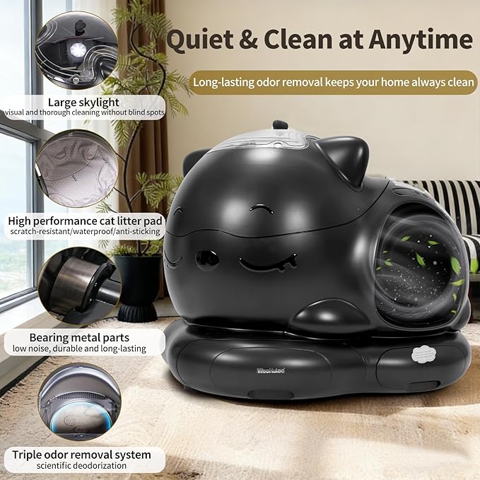Automatic Cat Litter Box, Semi-Open Large Capacity with Triple Odor Removal System, App Control and Health Monitor, Safety Sensor, Cute Self Cleaning Litter Box for Multiple Cats (Black)