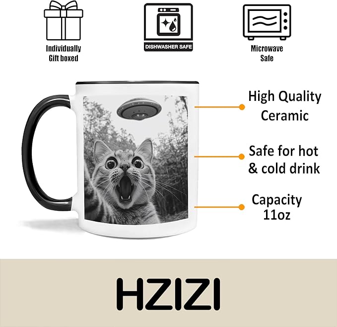Funny Cat Selfie With UFO Alien Mug - Cat Lovers Gifts for Women, Men, Mom, Dad, Owner, Lady on Birthday, Halloween, Christmas - Humor Sarcastic Coffee Mug 11oz