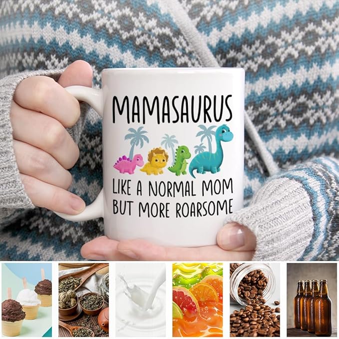 Mamasaurus Like A Normal Mom But More Roarsome Ceramic Coffee Mug for Women Mom Mama, Appreciation Birthday Gifts for Aunt Grandma Mother, Funny 11oz Dinosaurs Mug, Mothers Day Gifts