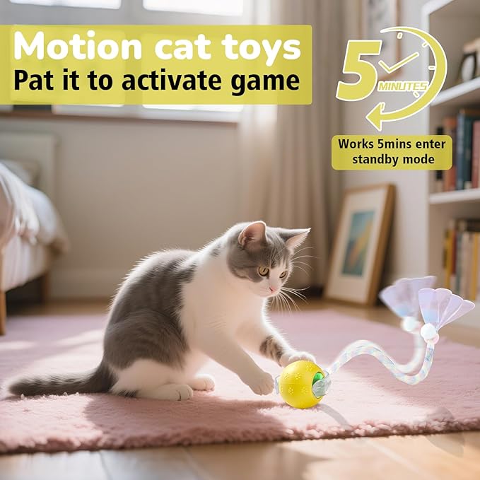 Interactive Cat Toys for Indoor Cats, Fast Rolling, Chirping, Motion Activated Automatic Cat Toy for Enrichment, Smart Cat Ball Toy 1 Count with 2 Tails and 3 Speed Adjustment, Yellow