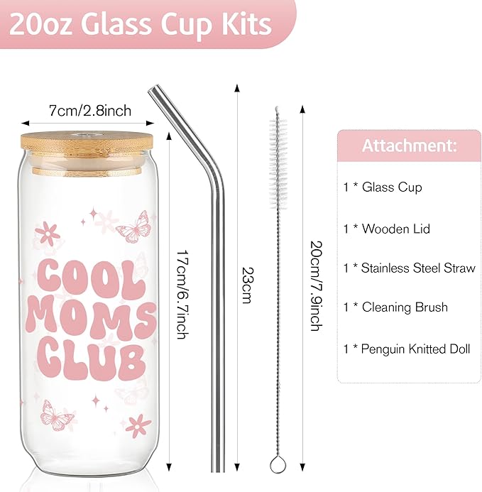 Joeyan Glass Cups with Lids and Straws - 20oz Iced Coffee Cup with Positive Crochet Penguin Doll, Cool Moms Club Glass Tumbler for Smoothie Boba Tea, Birthday Mothers Day Gift for Mom Wife Grandma