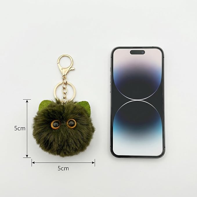 Cute Green Cat Plush Keychain - Kawaii Military Green Cat Pom Pom Bag Charm, Edgy Keychain for Backpack Purse, Gift for Women Men
