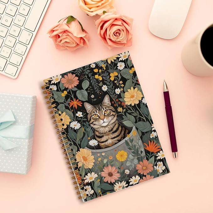 Cat Notebook, Retro Floral Botanical Cat Journal for Writing, Cats Mom Lovers Gifts for Women, Cottagecore Aesthetic Spiral Notebook 5.5x8.3 Inch