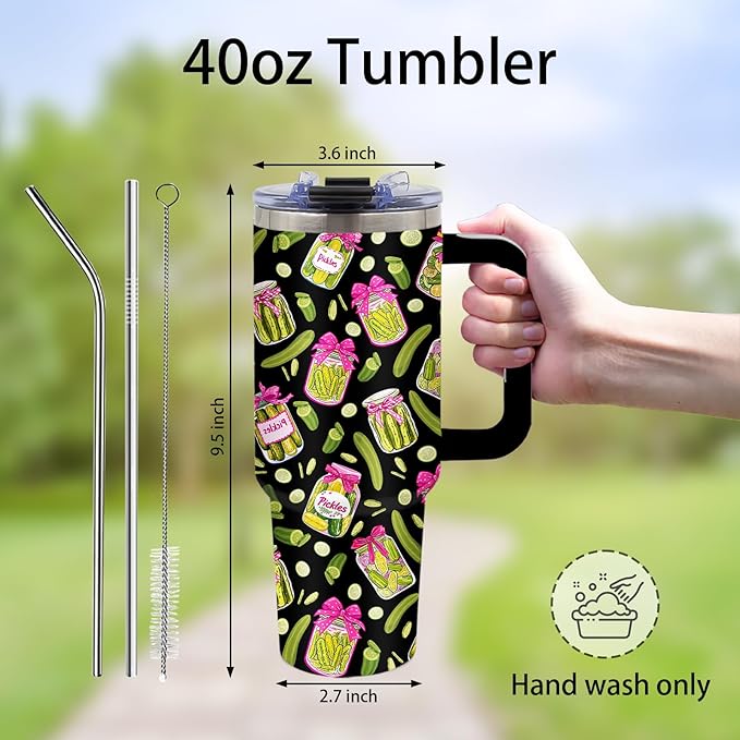 Pickle Gifts - Funny Pickle Themed Tumbler 40oz with Handle and Straws, Leak-proof, Stainless Steel Insulated Travel Coffee Mugs for Pickles Lovers, Pickled Food Enthusiasts Gifts Birthday Cup