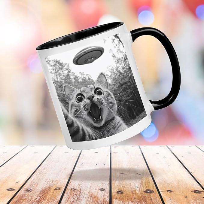 Funny Cat Selfie With UFO Alien Mug - Cat Lovers Gifts for Women, Men, Mom, Dad, Owner, Lady on Birthday, Halloween, Christmas - Humor Sarcastic Coffee Mug 11oz
