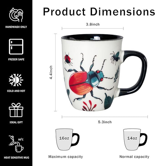 16 oz Beetle Mug - Color Changing Ceramic Coffee Cup for Insect Lovers - Novelty Bug Themed Gift for Men and Women