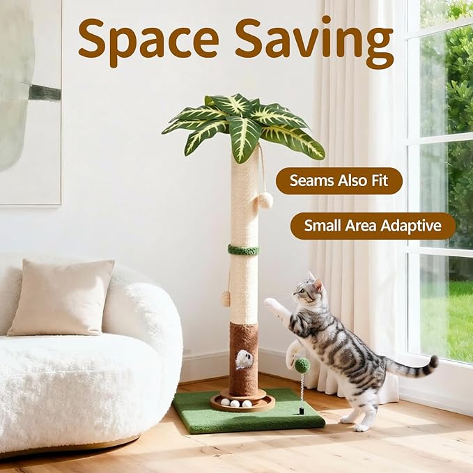 Tall Cat Scratching Post Vertical Pole for Indoor, 35" Palm Tree Sisal Scratch Post for Large Cats & Kittens, Heavy Duty Wooden Carpet Pole with Ball Track Leaves, Furniture Protection