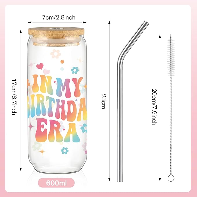 Joeyan Glass Cups with Lids and Straws - 20oz Iced Coffee Cup, Retro Iridescent Birthday Glass Tumbler, Aesthetic Drinking Glasses for Smoothie Boba Tea, Birthday Gift for Women, Her, Friend