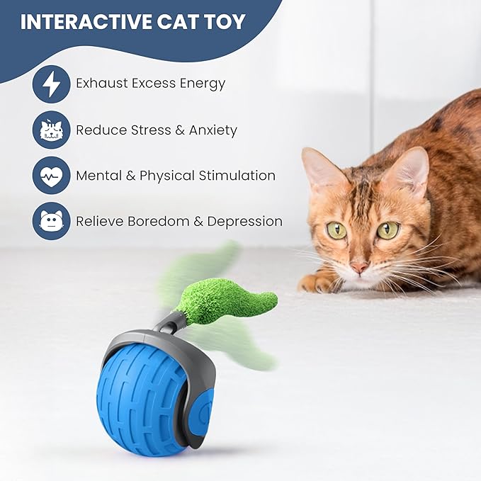 Speedy Tail 2.0 Interactive Cat Toy – Smart Self-Moving Ball with 3 Feather Tails, Rechargeable USB Powered, Quiet Motor, Indoor Pet Toy for Cats & Small Dogs