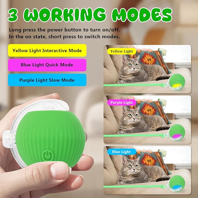 Interactive Cat Toys Ball for Indoor, USB Rechargeable Automatic Interactive Cat Toys with Speedy Tail Rope for Cats, Keep Them Busy