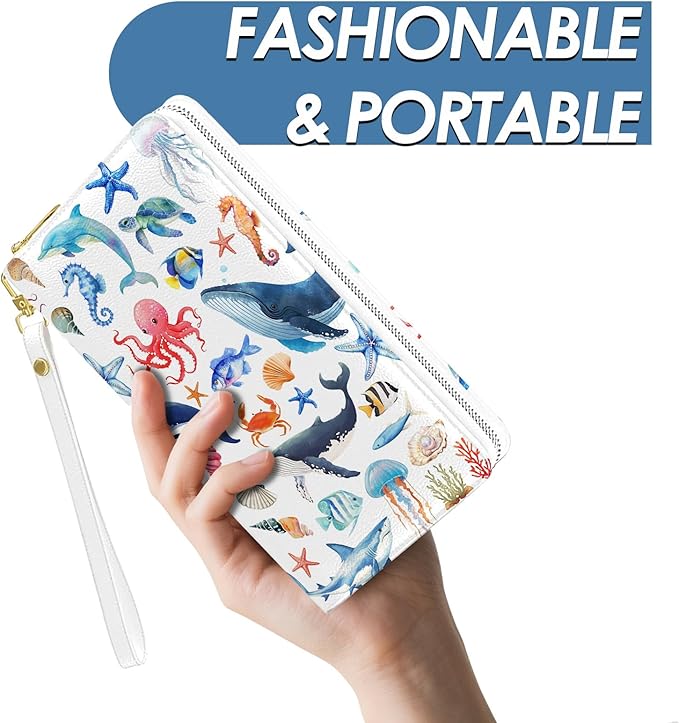 Womens Wallet, Sea Animals Wristlet Wallet For Women, Marine Life Card Holder Purse With Zipper, Birthday Christmas Graduation Gifts For Women, Aesthetic Office Daily Purse