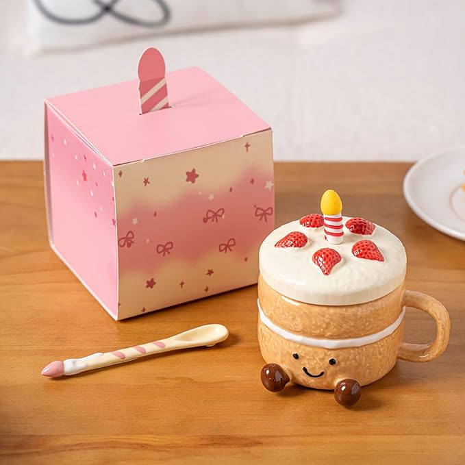 Adorable Cake Ceramic Coffee Mug, 400ml Cute funny Mug For Women, Cake Shaped Aesthetic Mugs Tea Cup with Lid Spoon for Birthday Valentines Day Home Office School