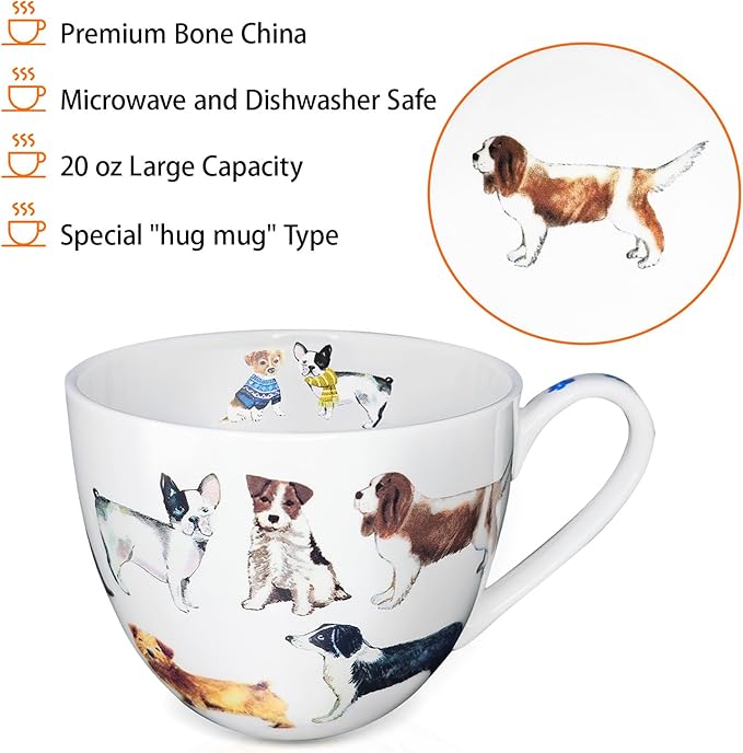 Cute Dog Mugs for Daily Coffee and Tea, Premium 20 oz Bone China Coffee Tea Hug Mug, Perfect Holiday, Birthday, and Christmas Gift for Dog Lovers, Designed in England by Harvest Green Studio