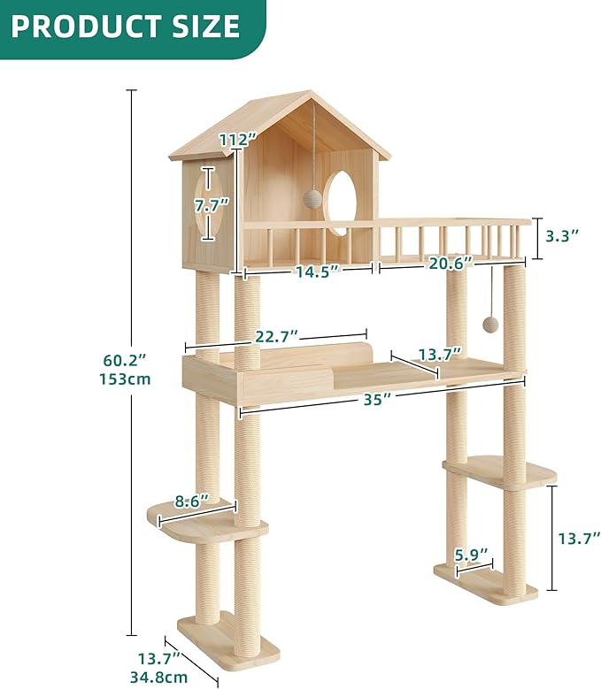 Wood Cat Tower for Automatic Litter Box, 60.2" H Tall Cat Tree for Self Cleaning Litter Box, Multi-Level Solid Wood Cat Tree Tower Cat Furniture w/Scratching Post, House, Burlywood